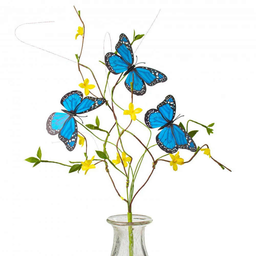 Blue Butterfly Forsythia Twig Faux Spray