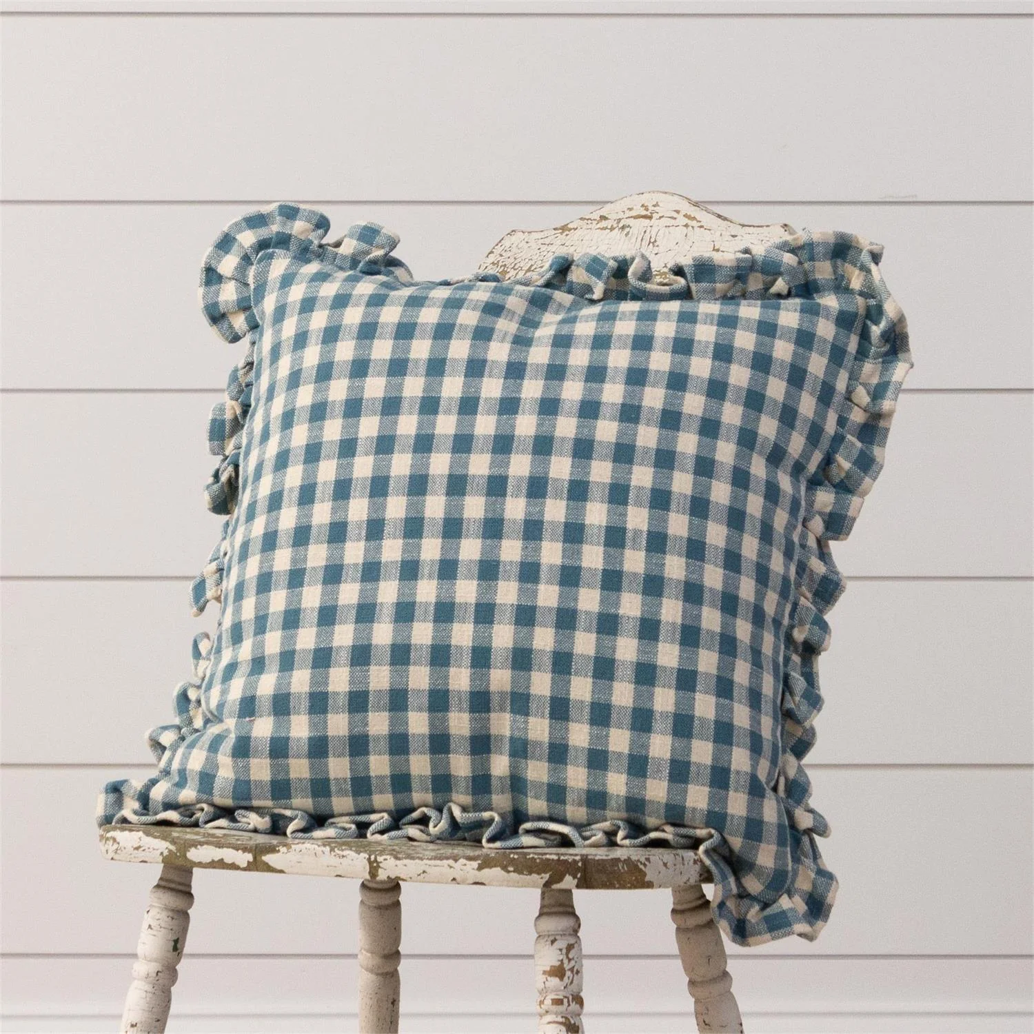 Blue Check with Ruffled Edge 18" Accent Pillow