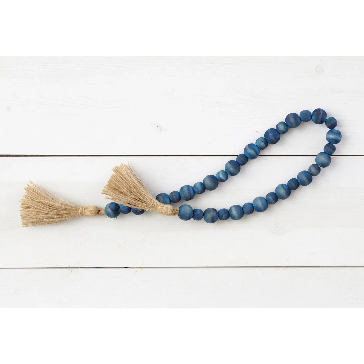 Blue Farmhouse Bead Garland with Jute Tassel 28"