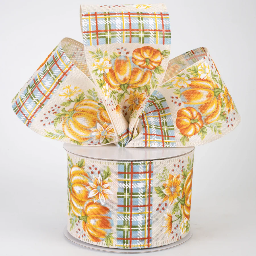 Blue & Orange Pumpkins & Plaid Ribbon 2.5" x 10 Yards