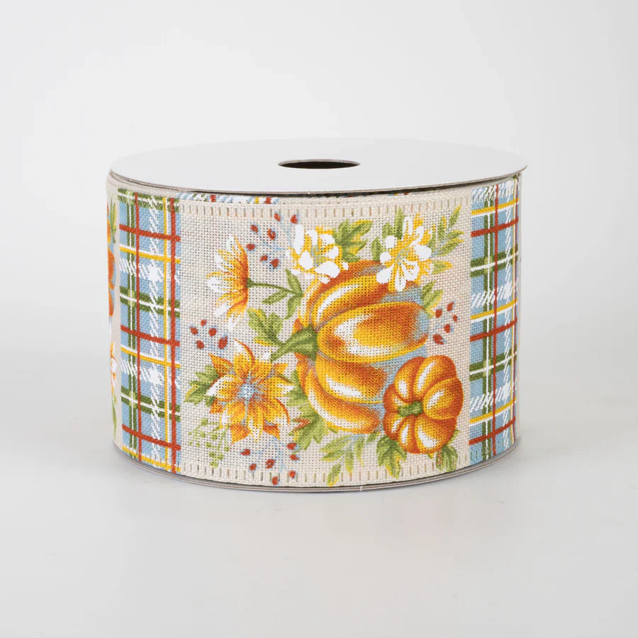 Blue & Orange Pumpkins & Plaid Ribbon 2.5" x 10 Yards - Image 2