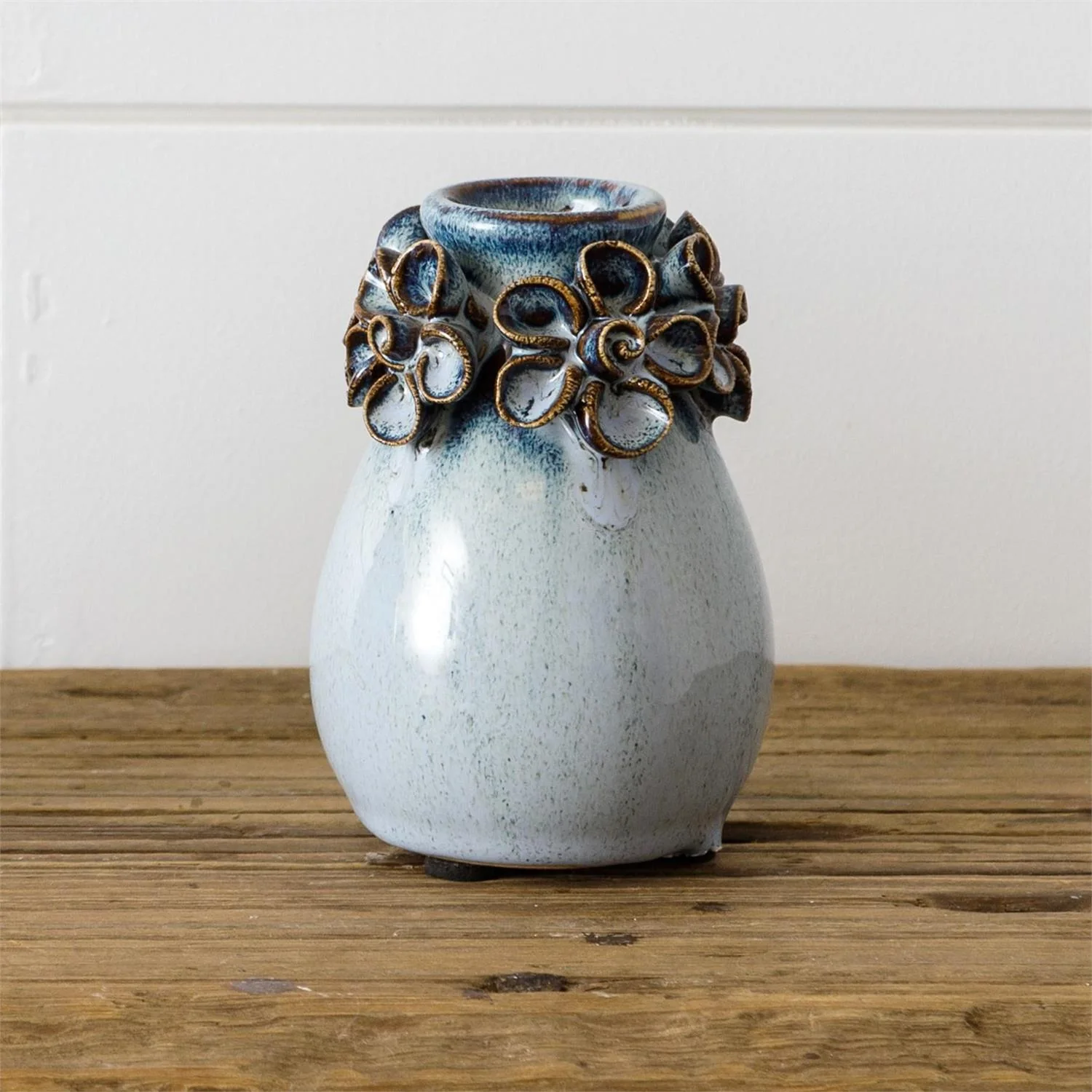 Blue Stoneware Floral Collared Bud Vase 4.5" H