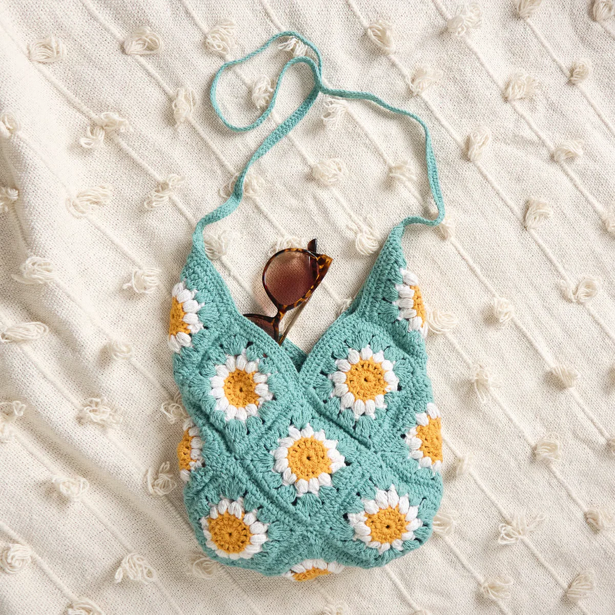 Boho Teal Crochet Shoulder Bag with Daisy Pattern - Image 2