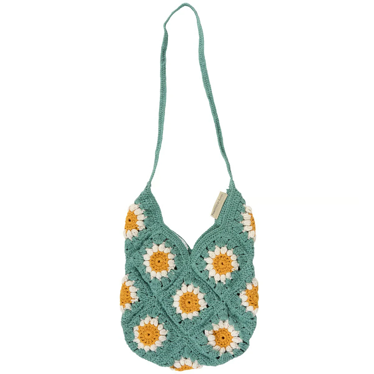 Boho Teal Crochet Shoulder Bag with Daisy Pattern - Image 3