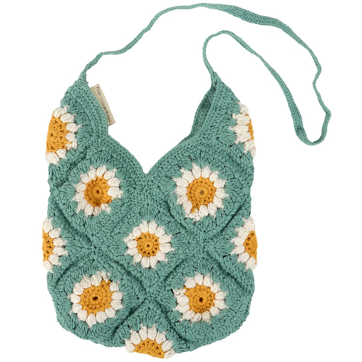 Boho Teal Crochet Shoulder Bag with Daisy Pattern - Image 4