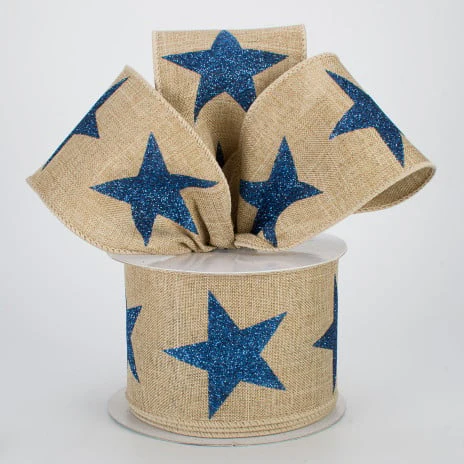 Bold Navy Glitter Star on Beige Ribbon 2.5" x 10 yards