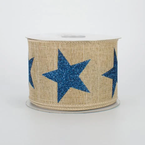 Bold Navy Glitter Star on Beige Ribbon 2.5" x 10 yards - Image 2
