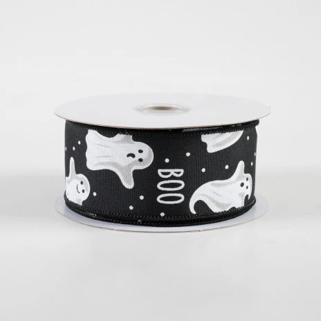 💙 Boo Ghosts On Black Background Ribbon 1.5" x 10 yards - Image 2