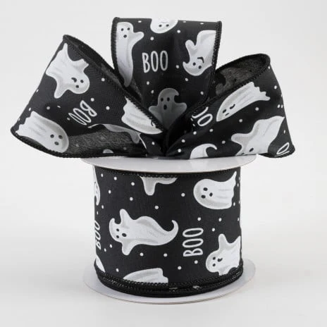 Boo Ghosts on Black Background Ribbon 2.5" x 10 yards - Image 2