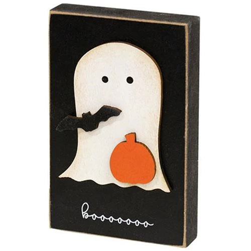 Boooo Pumpkin & Bat Ghost Small Wooden Block - Image 2