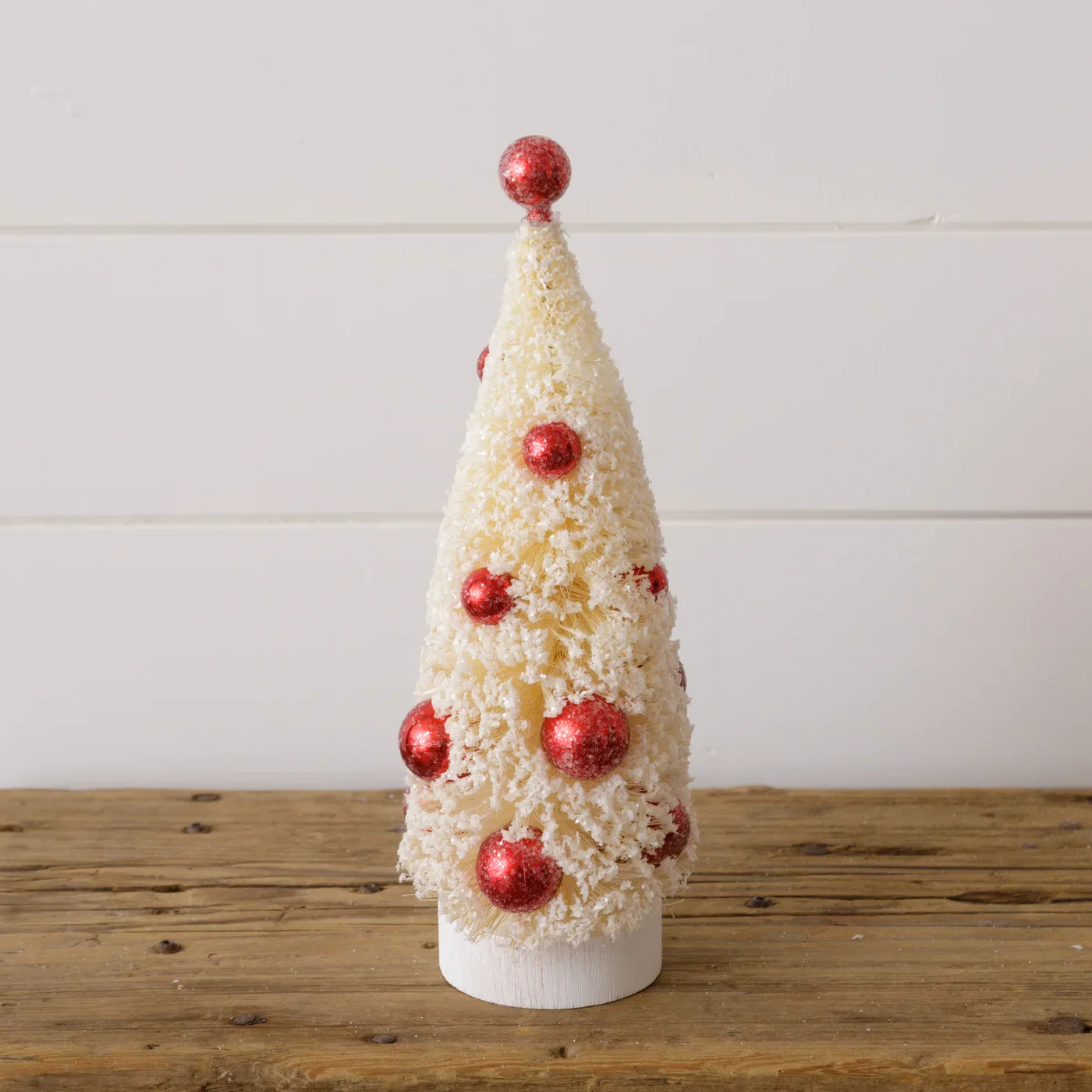 Bottle Brush Tree With Red Ornaments 11.75" H