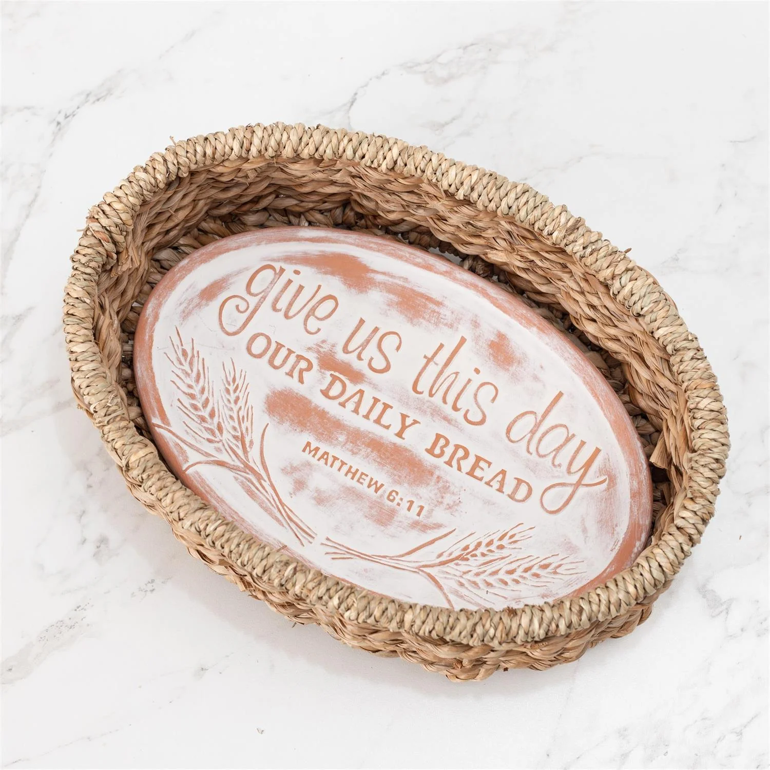 Bread Warmer Basket With Give Us This Day Terra Cotta Stone