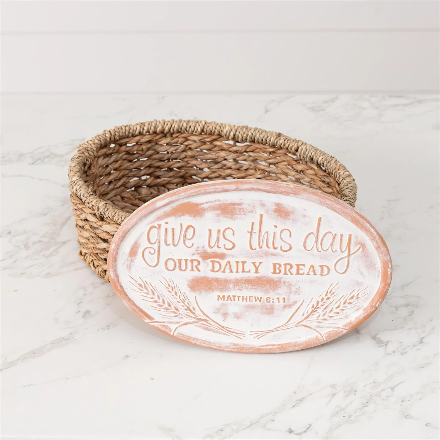 Bread Warmer Basket With Give Us This Day Terra Cotta Stone - Image 2