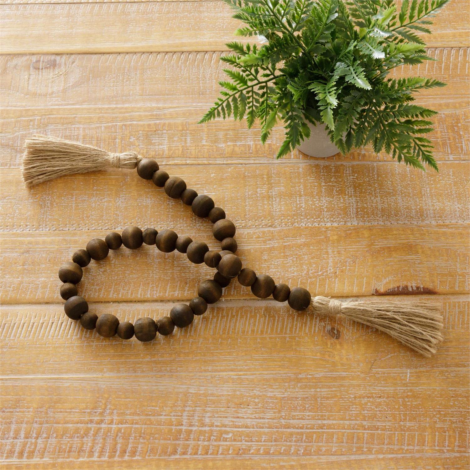 Brown Farmhouse Beads with Jute Tassel 31" Long