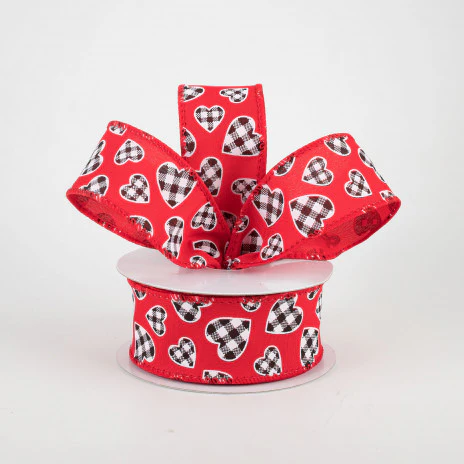 💙 🔥 Buffalo Check Hearts on Red Ribbon 1.5" x 10 yards