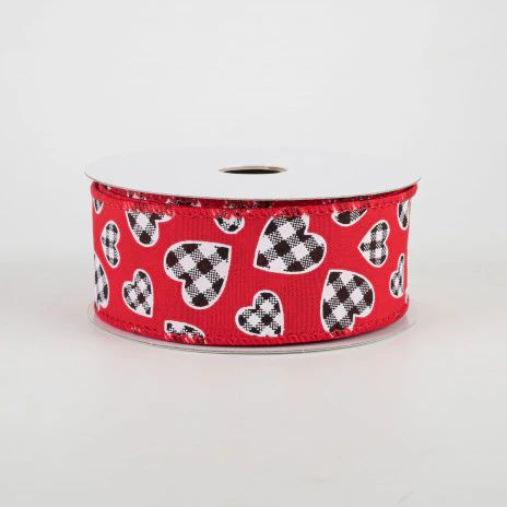 💙 🔥 Buffalo Check Hearts on Red Ribbon 1.5" x 10 yards - Image 2