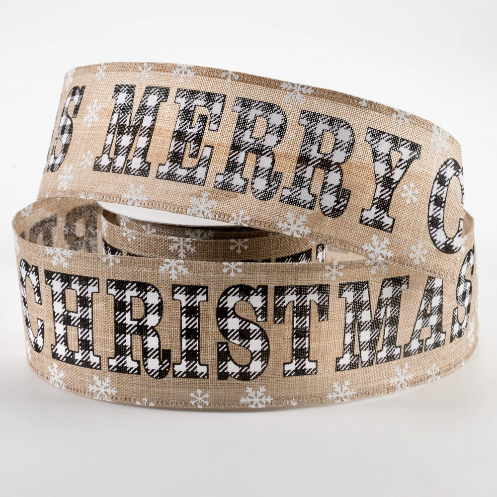 💙 Buffalo Plaid Merry Christmas Text Wired Ribbon 2.5" x 10 yards - Image 2