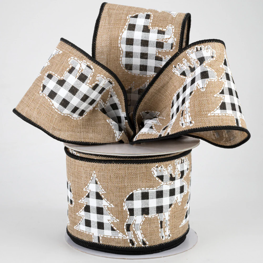 Buffalo Plaid Moose Bear & Tree Ribbon 2.5" x 10 yards - Image 2