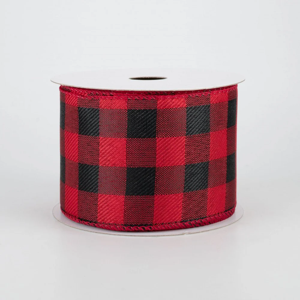 💙 Buffalo Plaid Red and Black Linen Ribbon 2.5" x 10 Yards