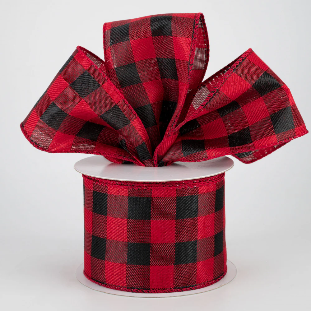 💙 Buffalo Plaid Red and Black Linen Ribbon 2.5" x 10 Yards - Image 2