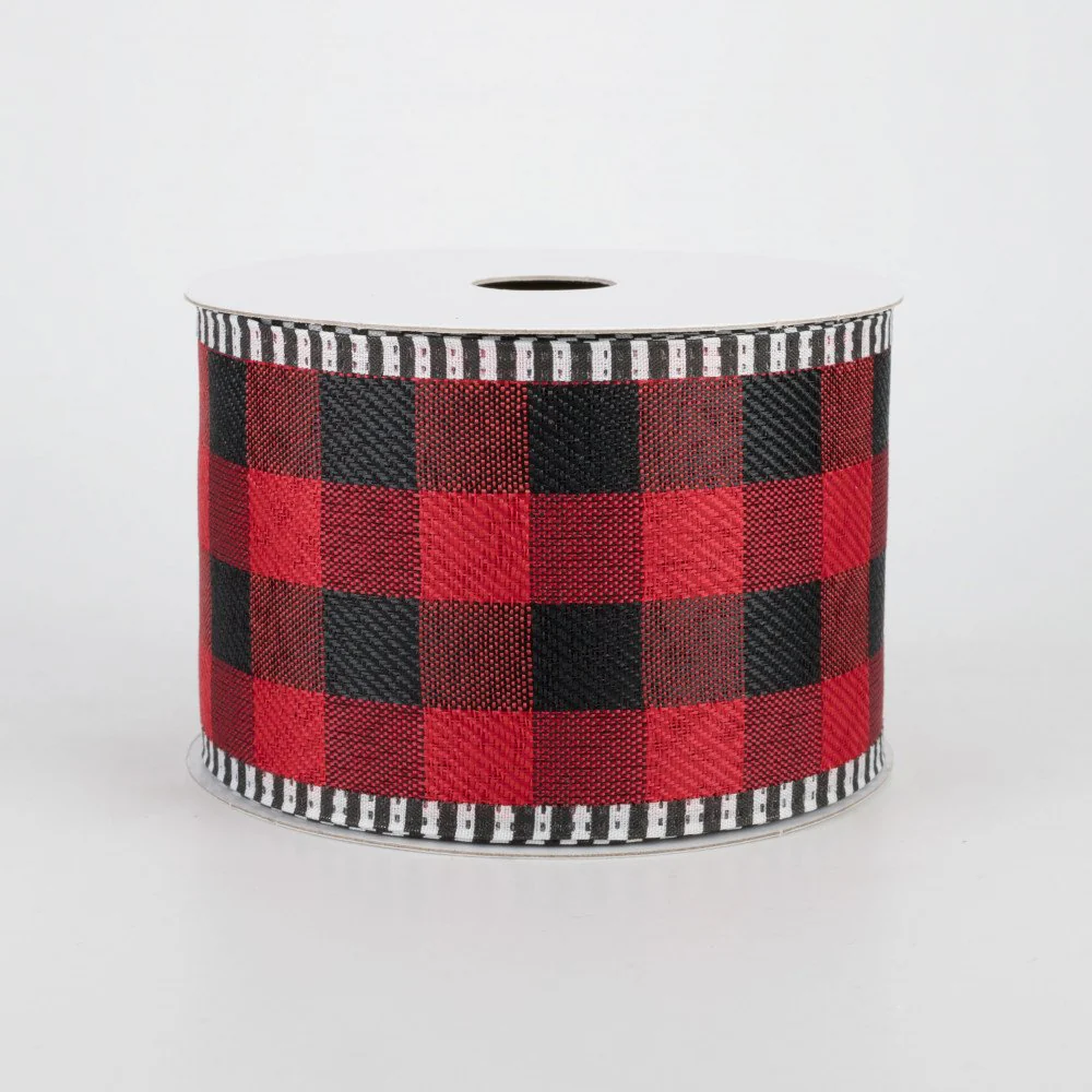 💙 Buffalo Plaid Red & Black Striped Edge Ribbon 2.5" x 10 yards