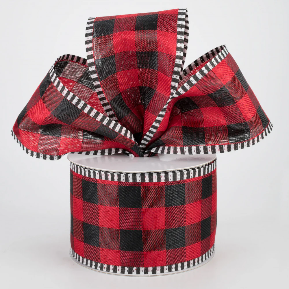 💙 Buffalo Plaid Red & Black Striped Edge Ribbon 2.5" x 10 yards - Image 2