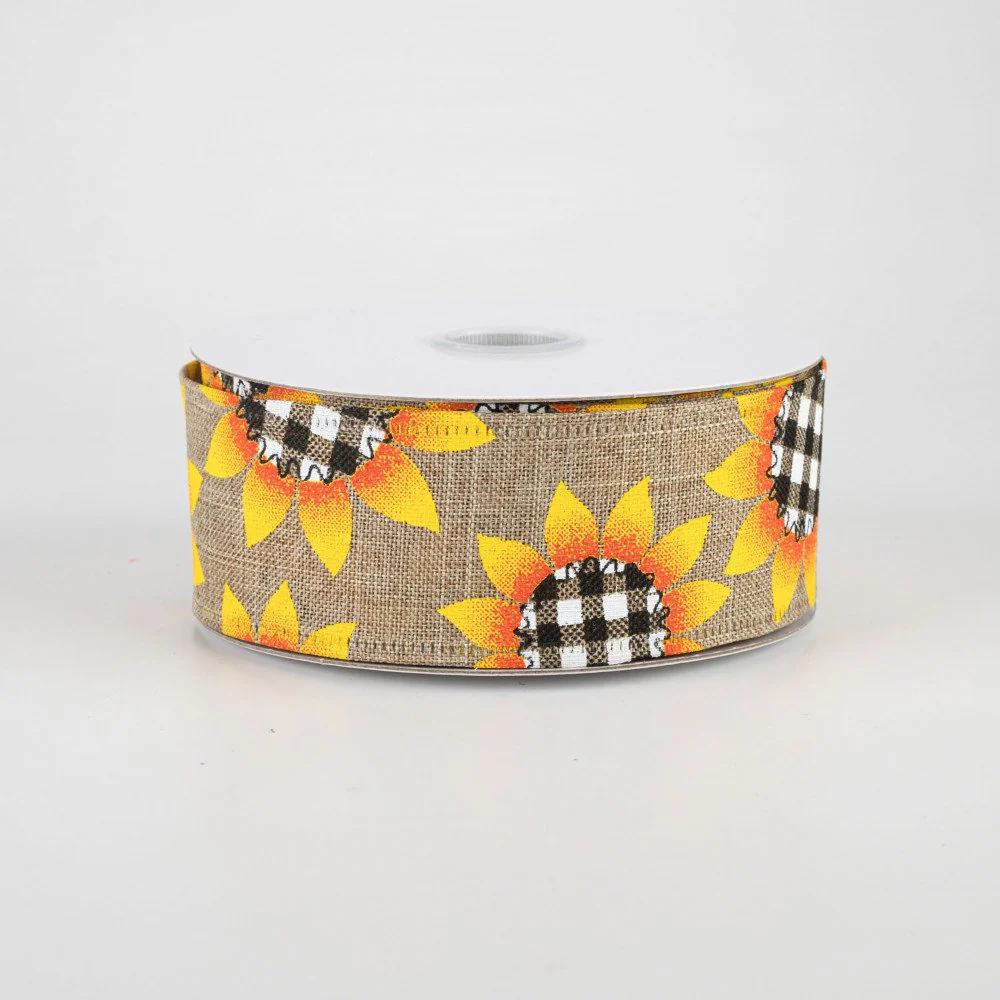 💙 Buffalo Plaid Sunflower Natural Ribbon 1.5" x 10 yards