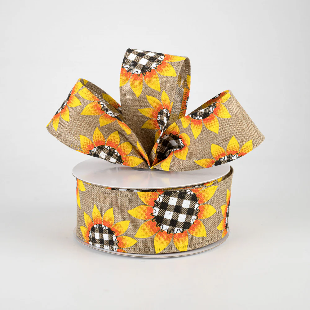 💙 Buffalo Plaid Sunflower Natural Ribbon 1.5" x 10 yards - Image 2