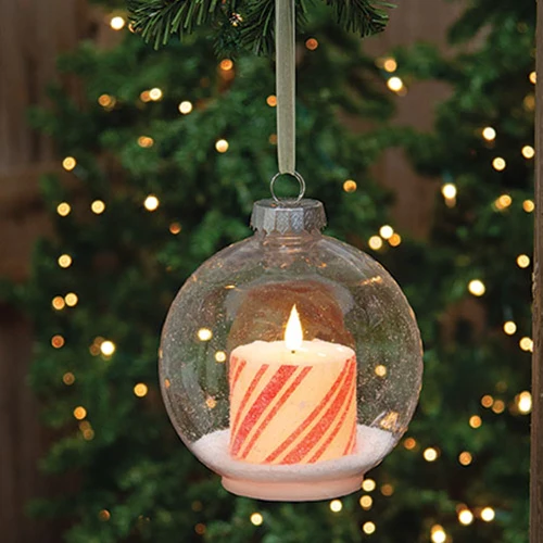 Bulb Ornament with Candy Cane LED Candle 6"