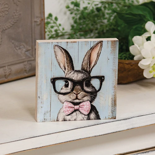 DAY 14 🐇🌷 20 DAYS OF BUNNIES Bunny In Black Specs 5" Wooden Block - Image 3