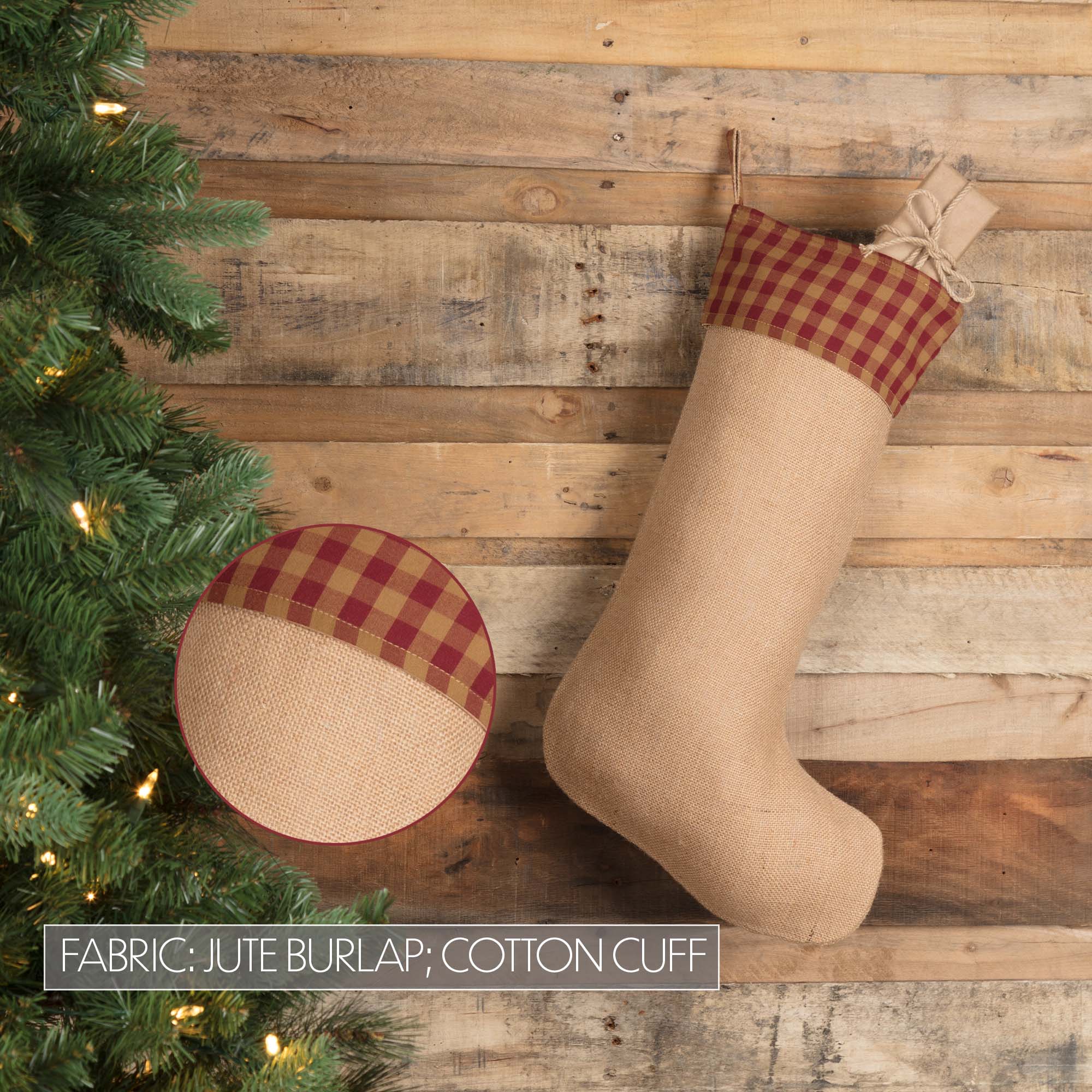 Burgundy Check Jute Christmas Stocking 20" H - Image 4