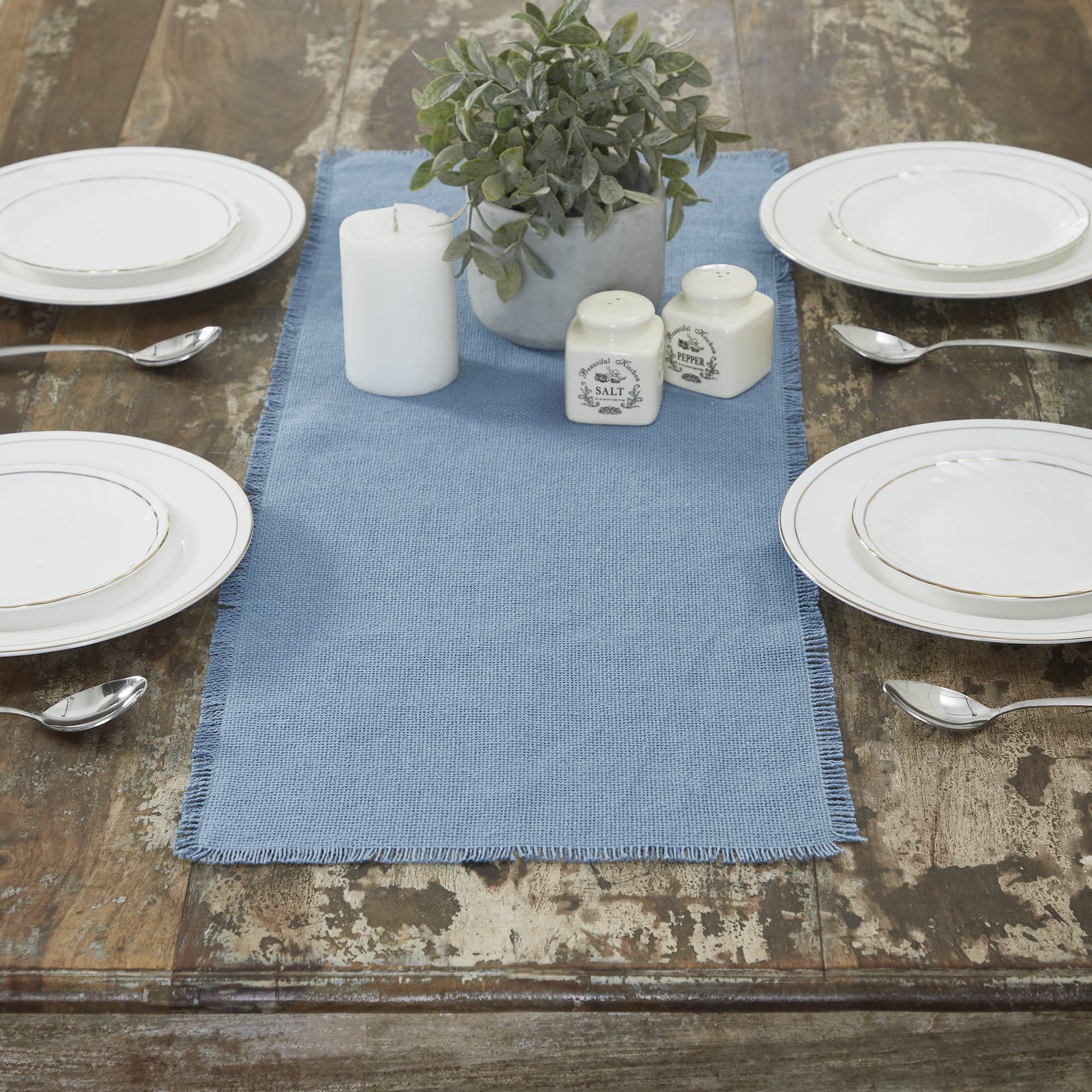 Burlap Blue Fringed Table Runner 12" x 36"
