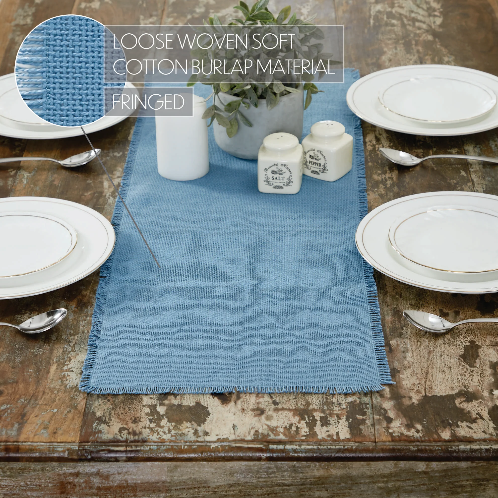 Burlap Blue Fringed Table Runner 12" x 36" - Image 4