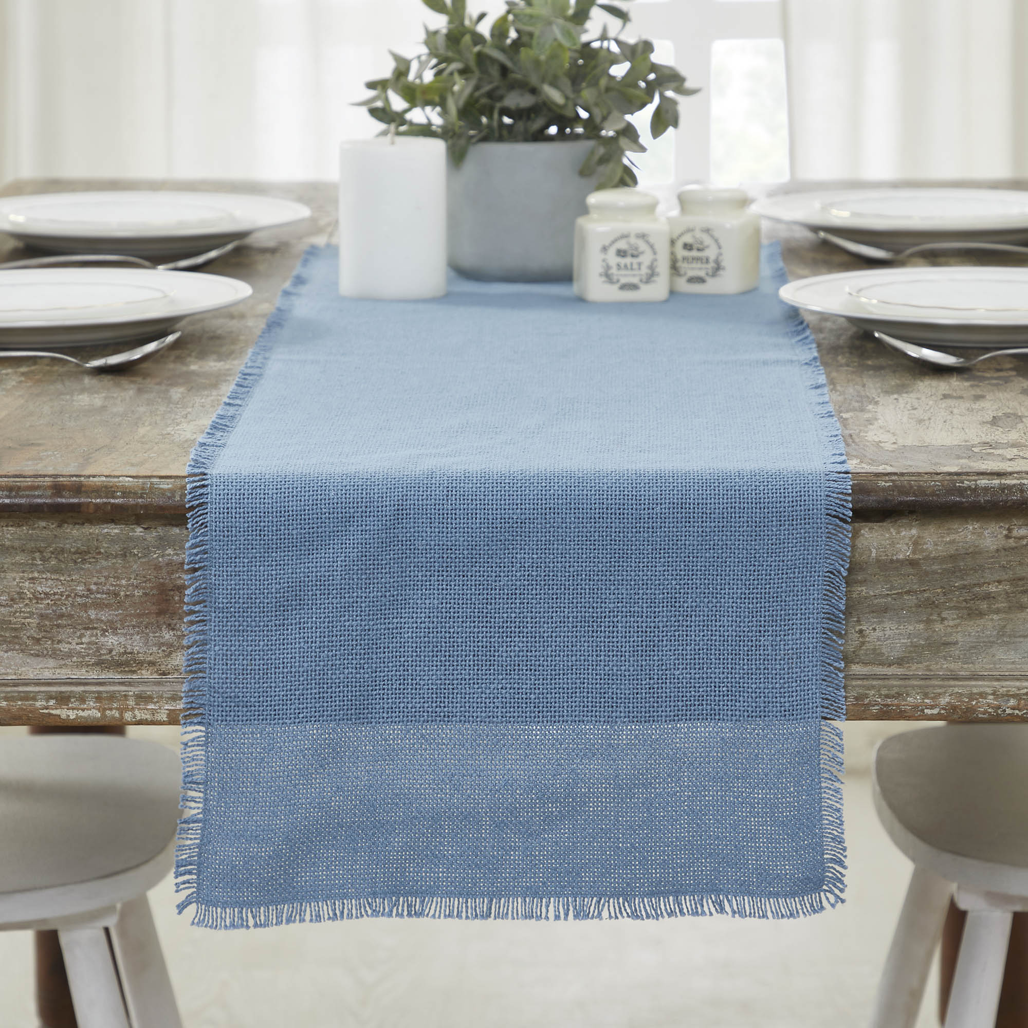 Burlap Blue Runner Fringed 12'' x 48''