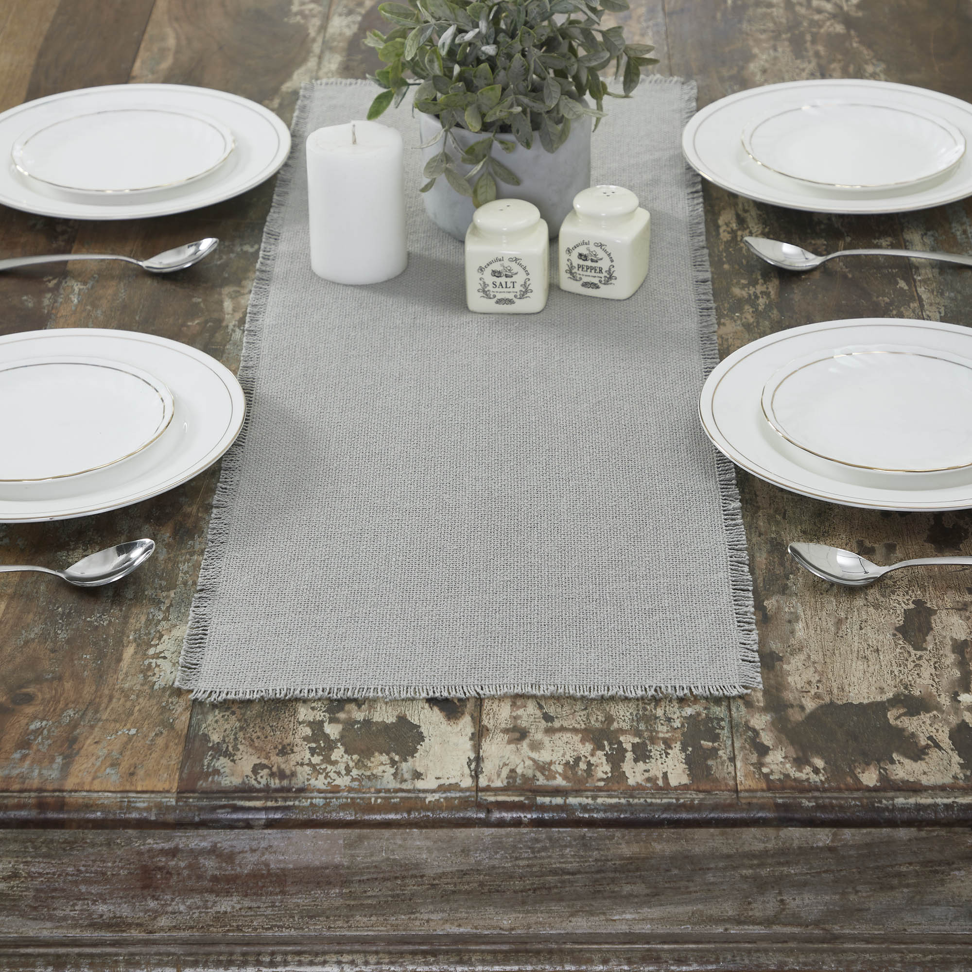 Burlap Dove Grey Runner Fringed 12" x 36"