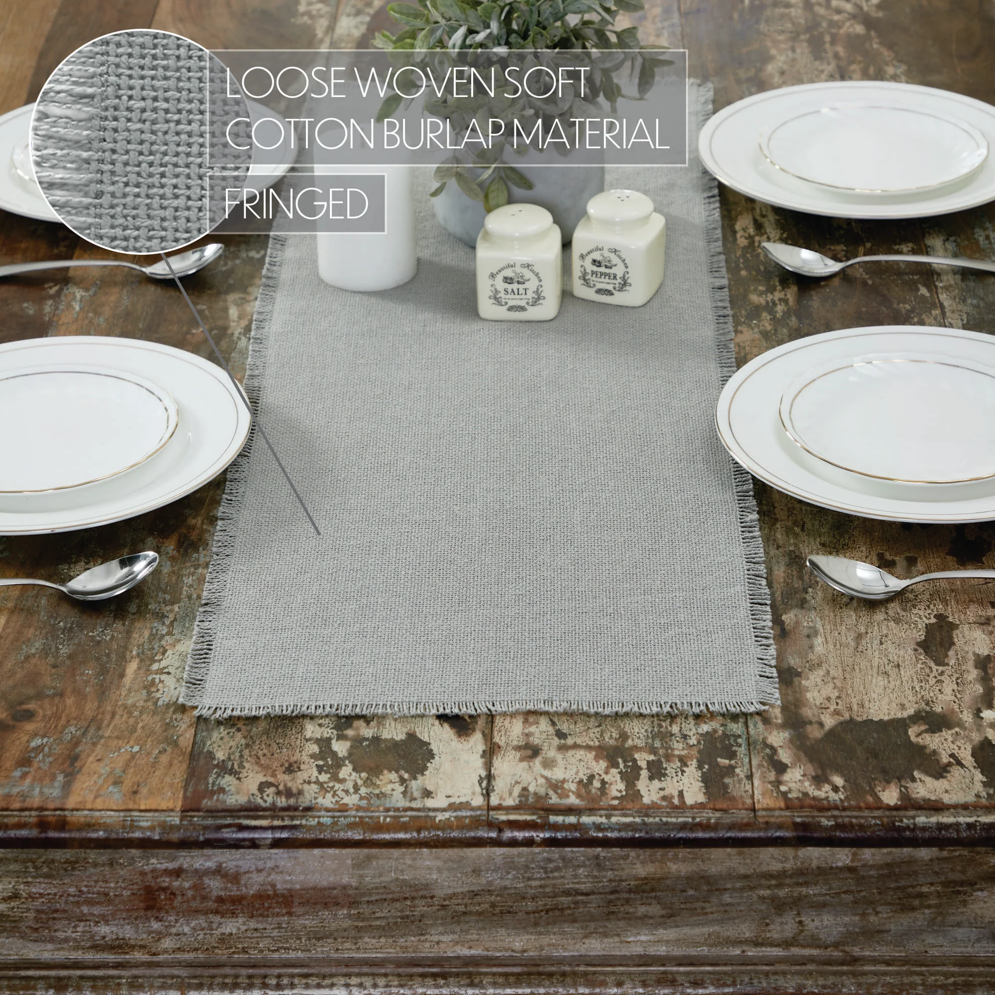 Burlap Dove Grey Runner Fringed 12" x 36" - Image 4