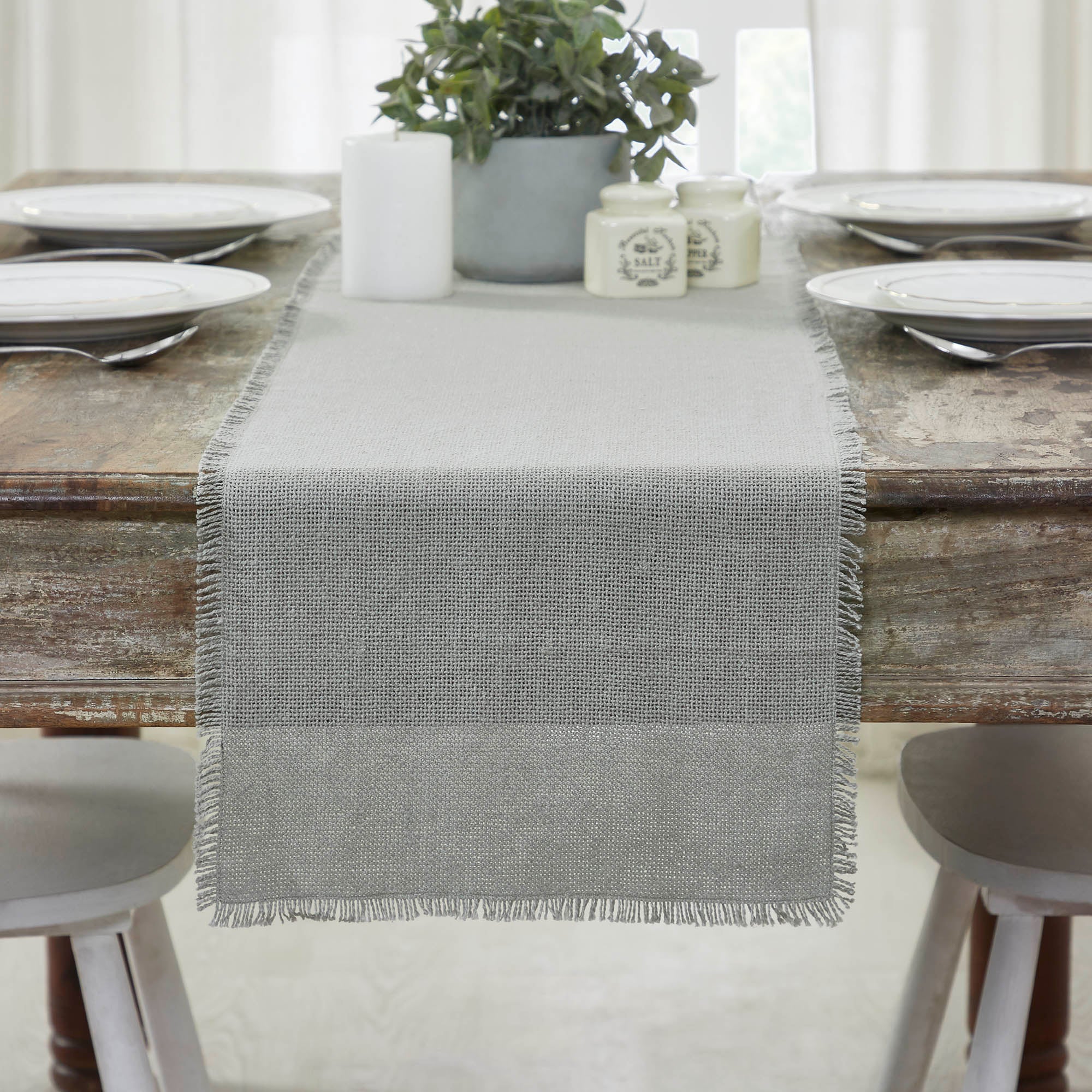 Burlap Dove Grey Runner Fringed 12" x 48"