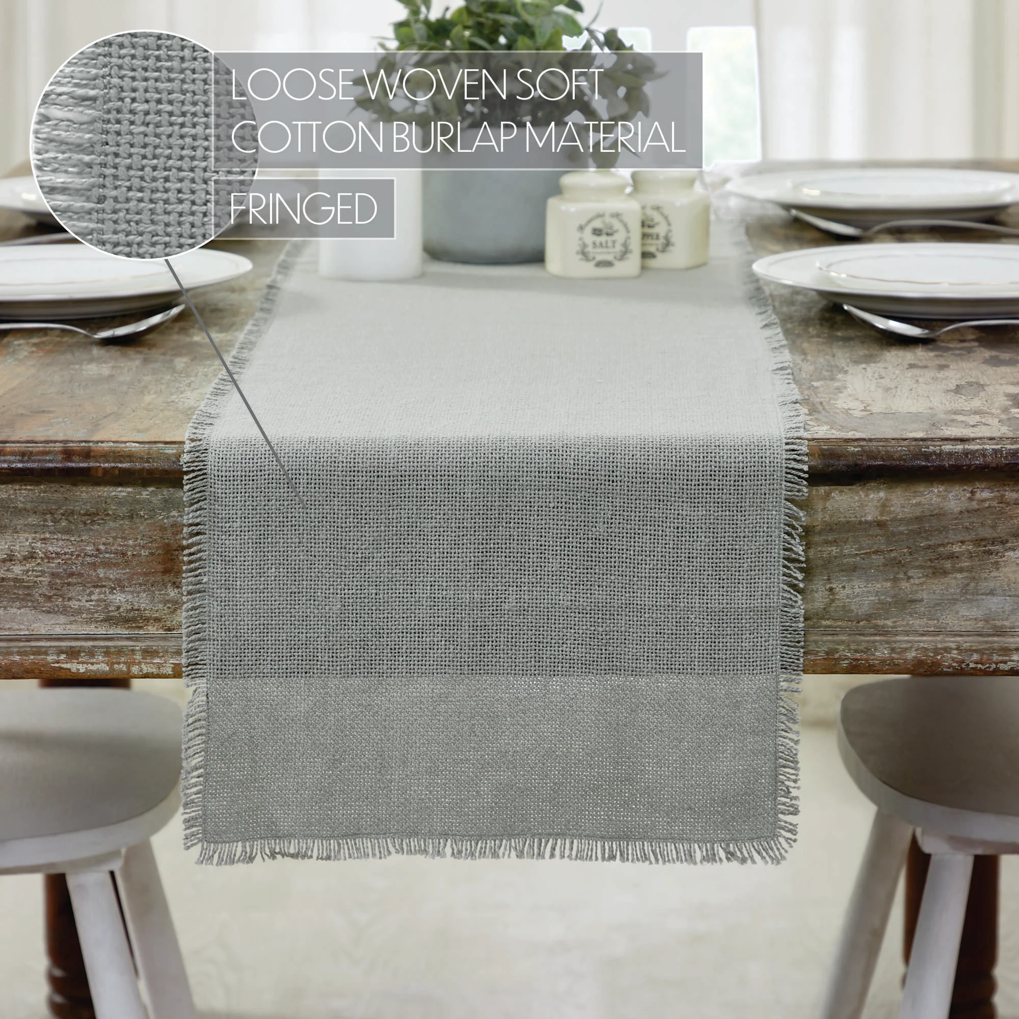 Burlap Dove Grey Runner Fringed 12" x 48" - Image 4