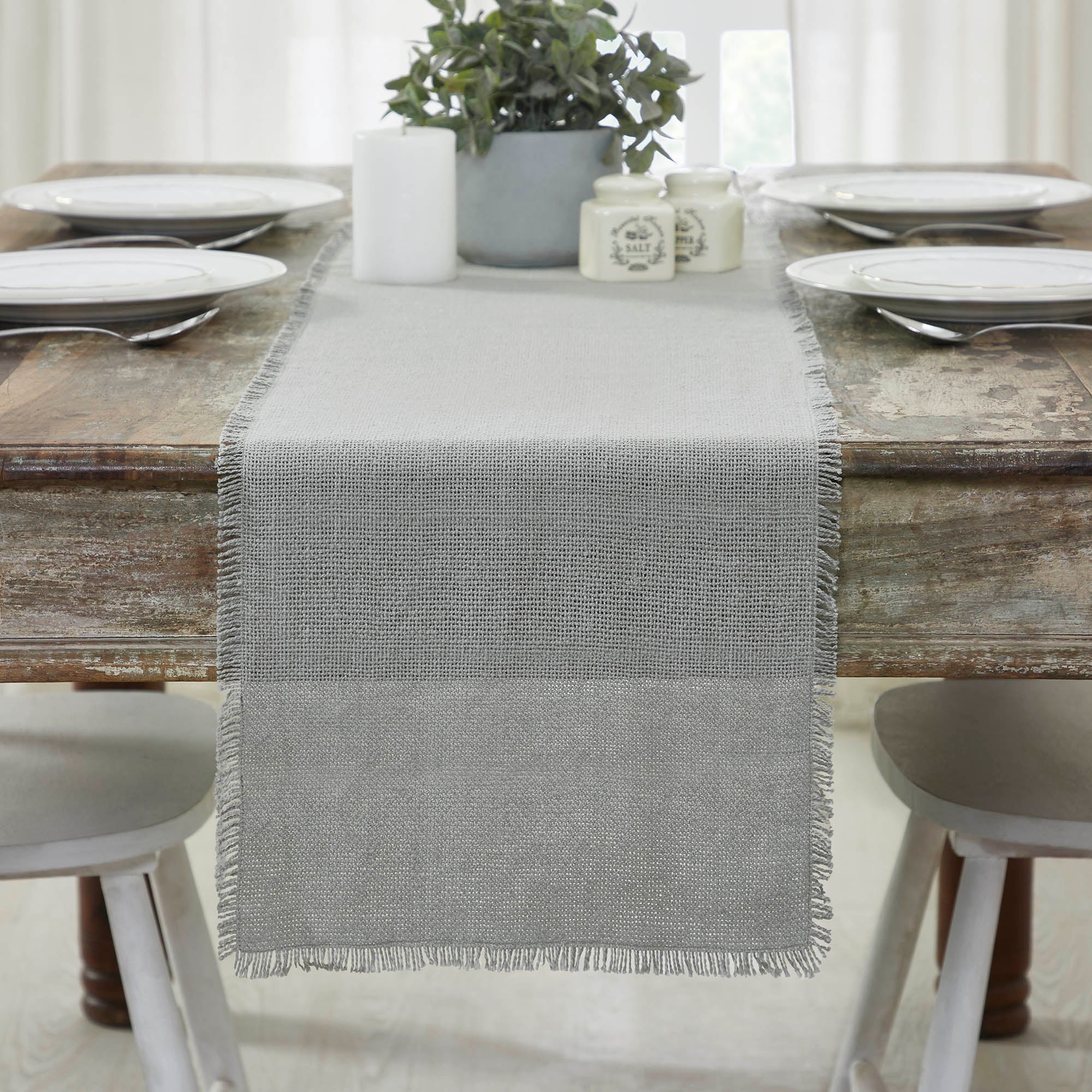 Burlap Dove Grey Runner Fringed 12" x 72"