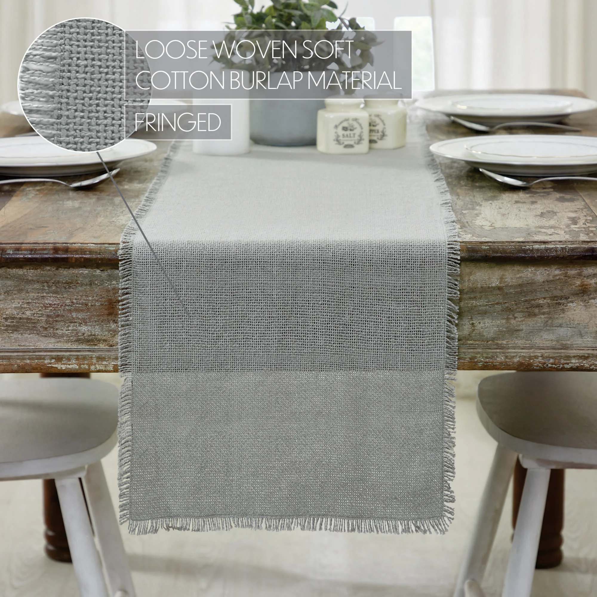 Burlap Dove Grey Runner Fringed 12" x 72" - Image 4