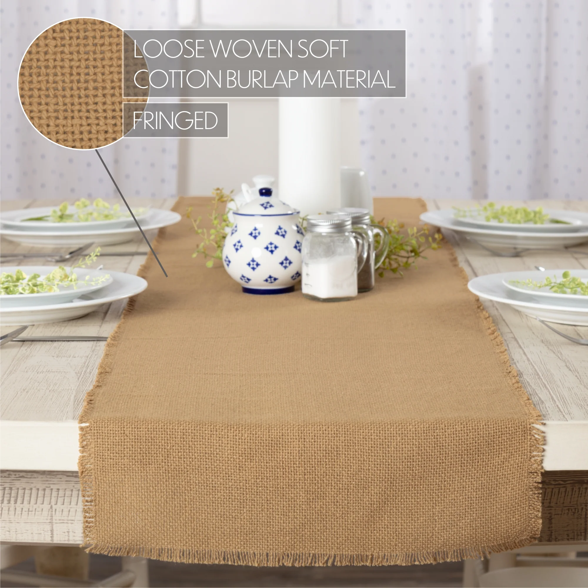Burlap Fringed Natural Table Runner 13" x 72" - Image 7