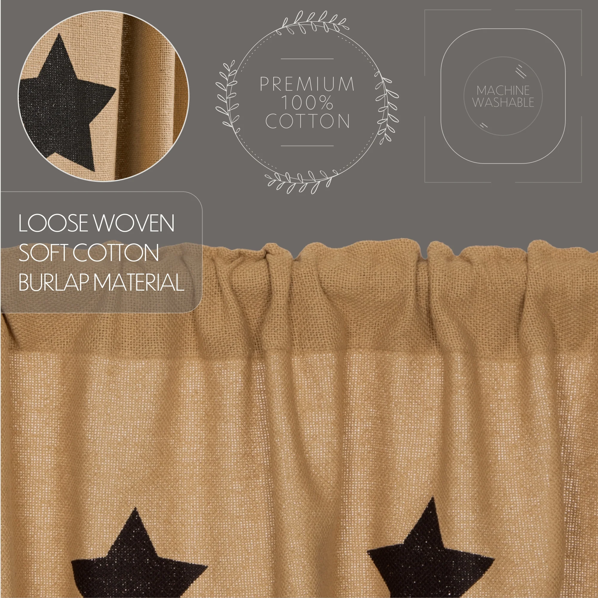 ๐ Burlap With Black Stencil Stars Valance 16'' x 60'' - Image 4