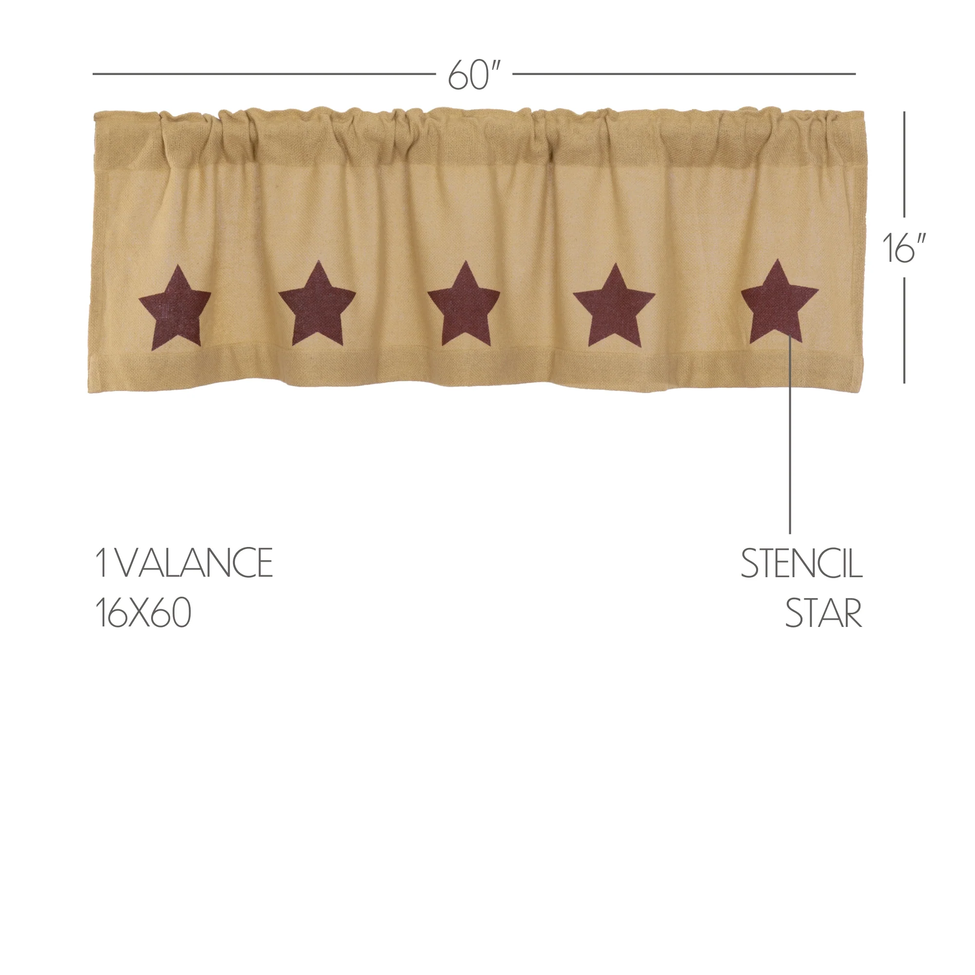 Burlap With Burgundy Stencil Stars Valance 16" x 60" - Image 3