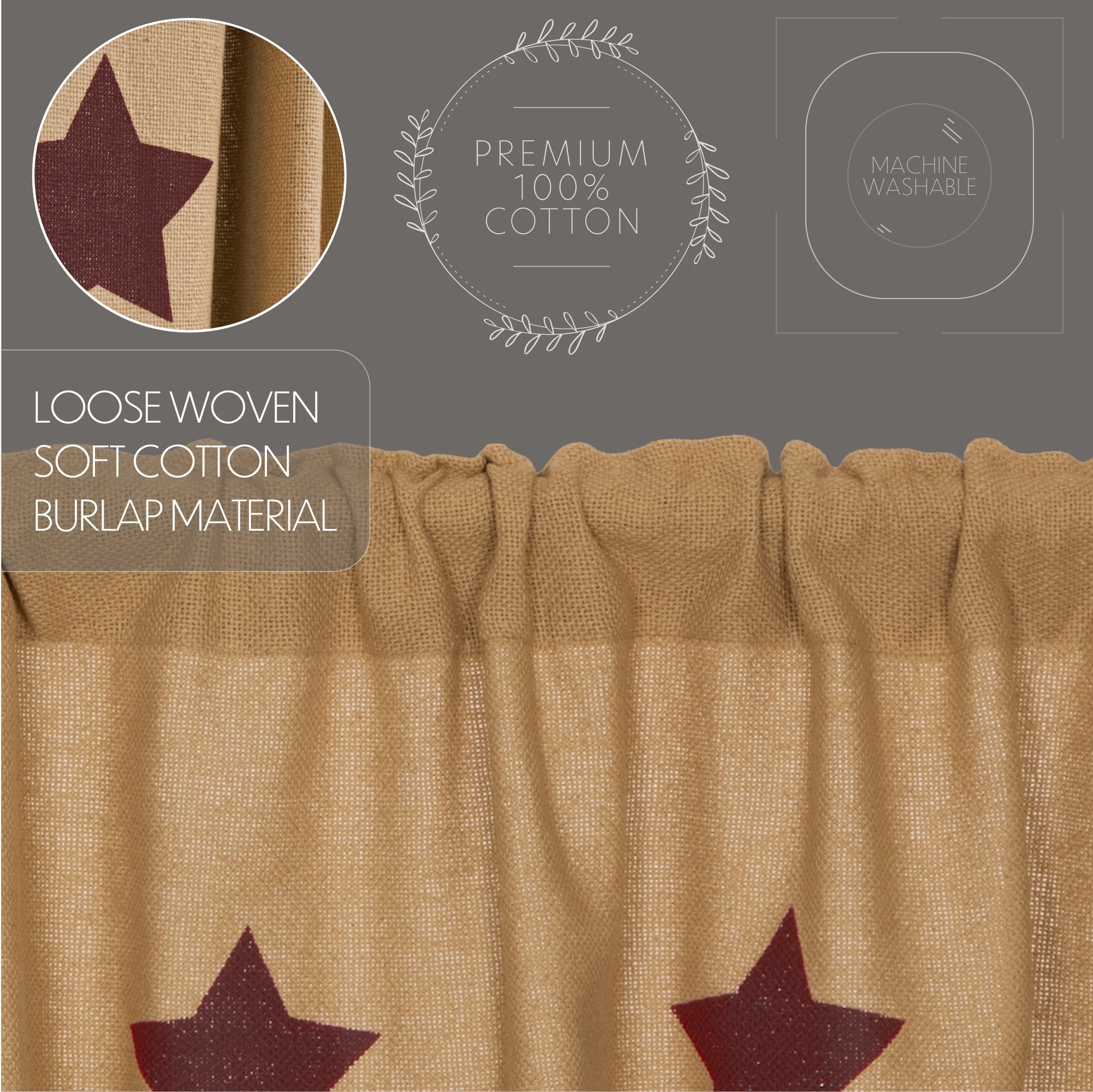 Burlap With Burgundy Stencil Stars Valance 16" x 60" - Image 5