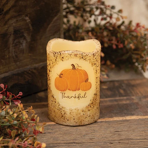 Burnt Ivory Thankful Pumpkins 4" Timer Pillar Candle - Image 2