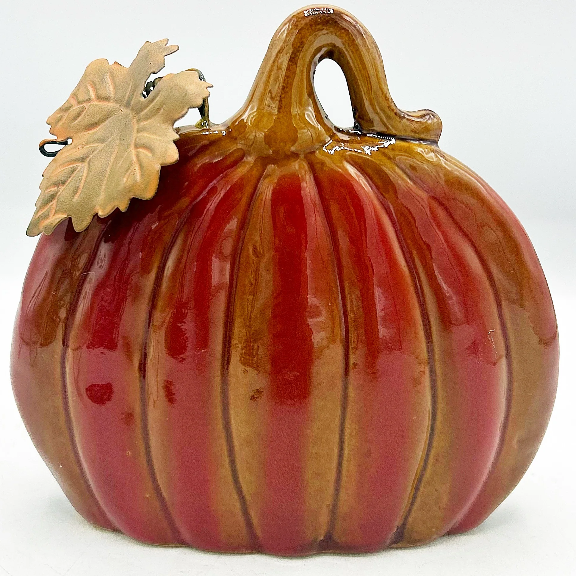 ๐ Burnt Orange Pumpkin with Metal Leaf 5.25" H