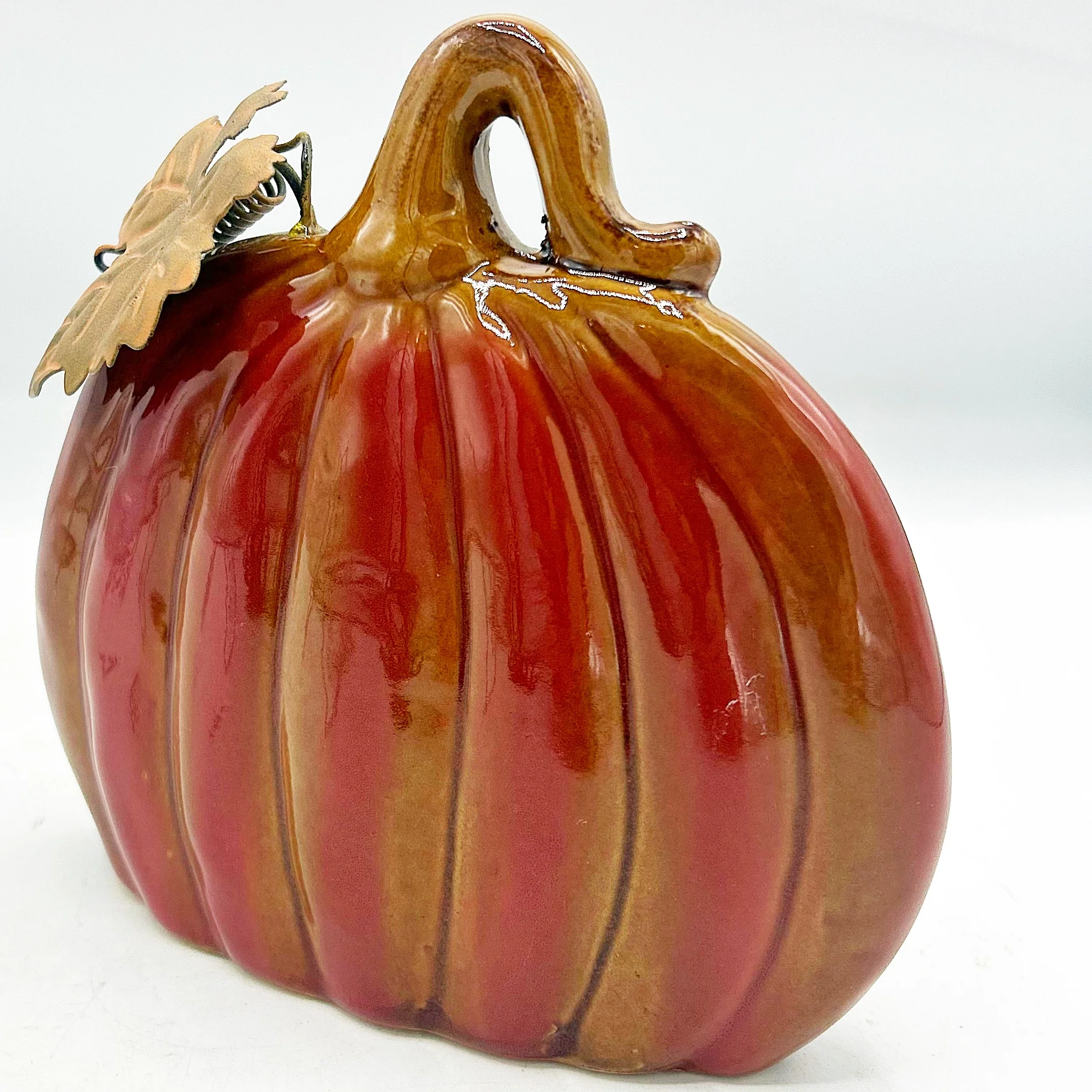 ๐ Burnt Orange Pumpkin with Metal Leaf 5.25" H - Image 2