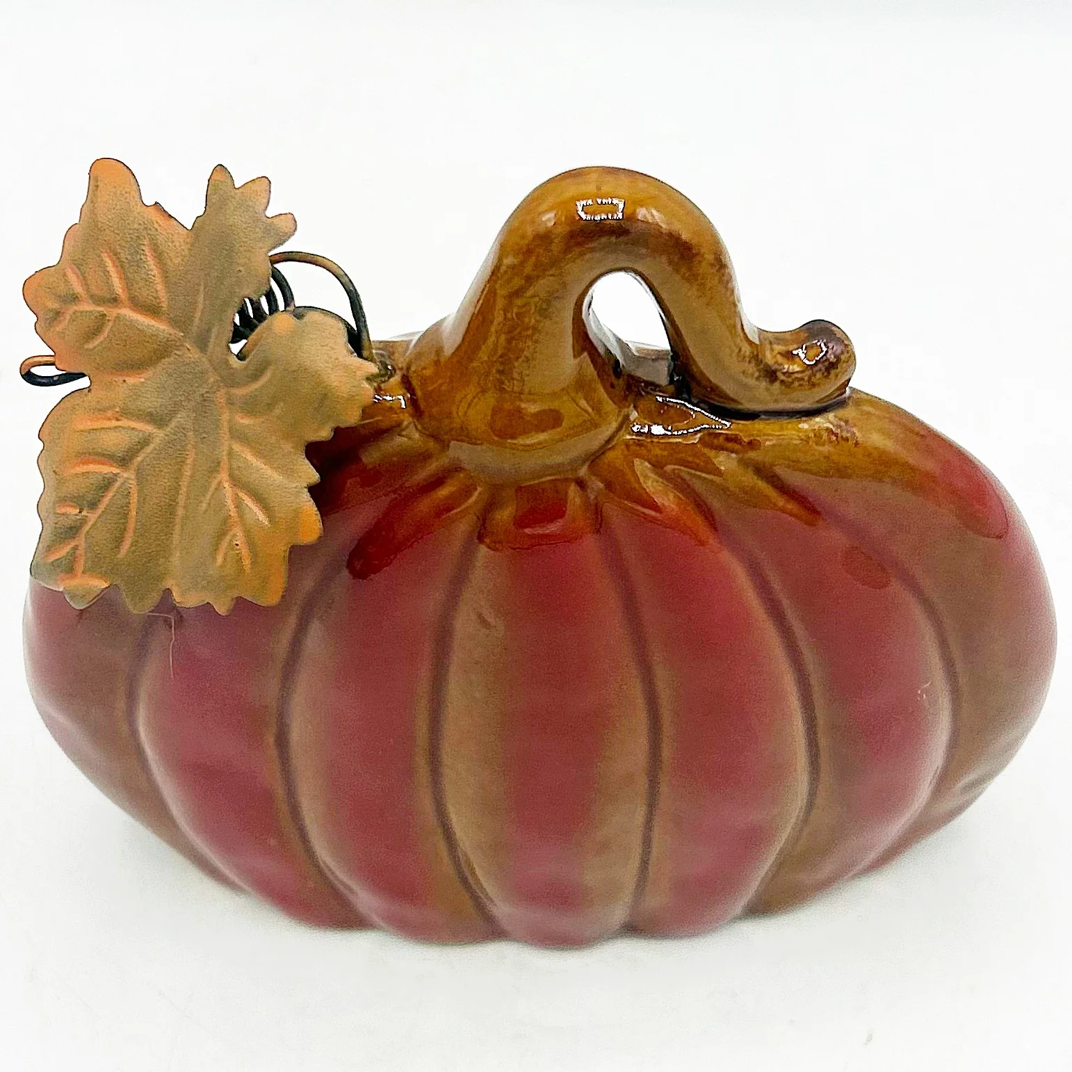 ๐ Burnt Orange Pumpkin with Metal Leaf 5.25" H - Image 4