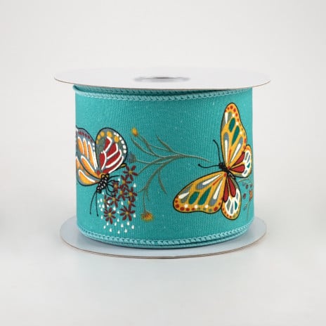Butterflies & Flowers on Light Teal Ribbon 2.5" x 10 yards