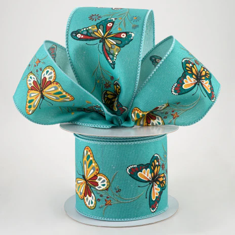 Butterflies & Flowers on Light Teal Ribbon 2.5" x 10 yards - Image 2